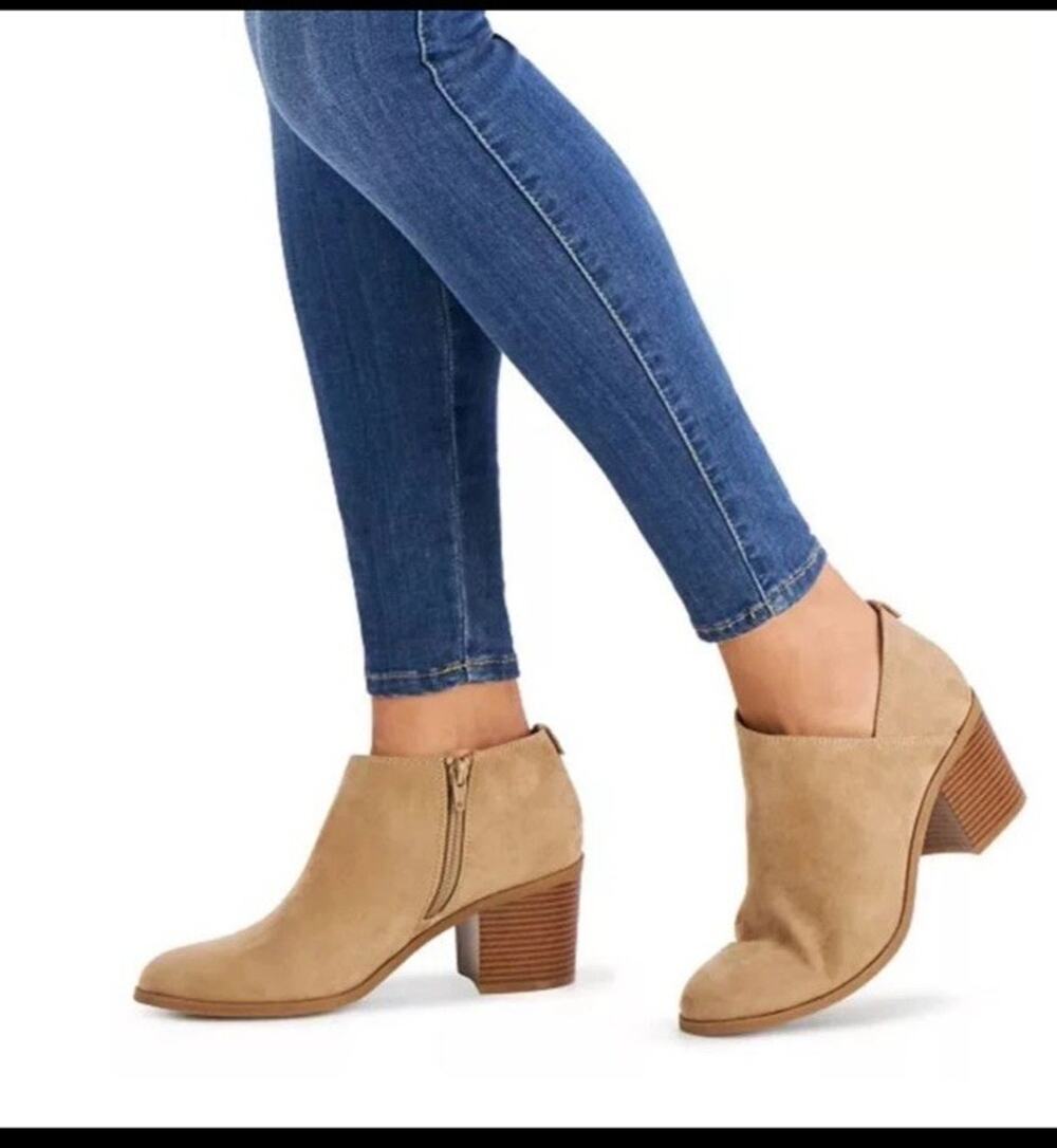 NWB Style & Co "Felaa" Asymmetrical Booties Taupe Block Heel Ankle Boots Size 7M